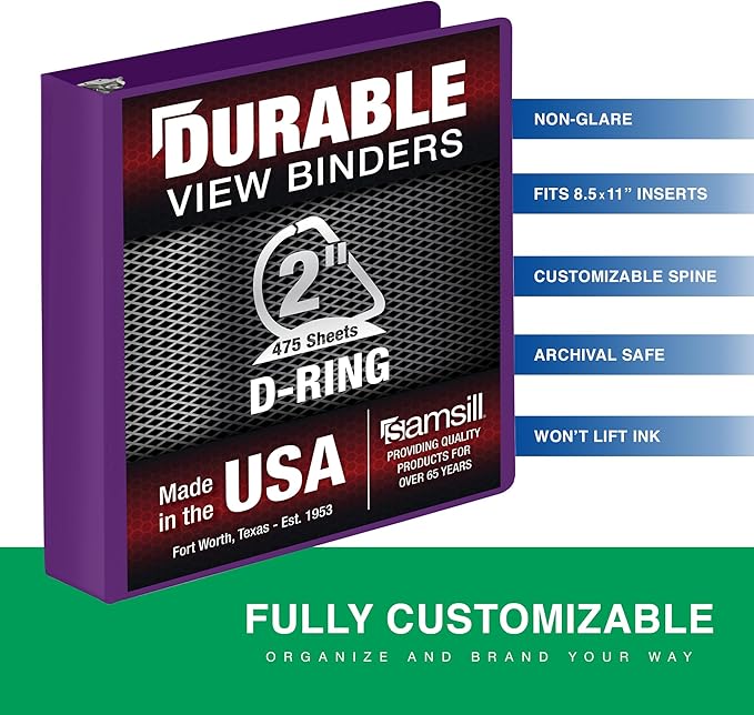 Samsill Durable 2 Inch Binder, Made in The USA, D Ring Binder, Customizable Clear View Cover, Plum Purple, Holds 475 Pages