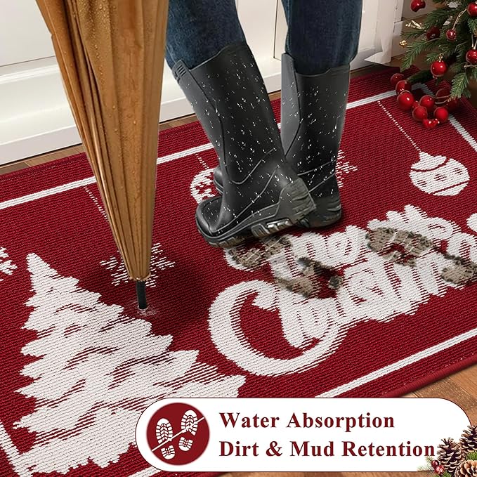 Christmas Doormat with Non Slip, Loop Pile Red and White Indoor Christmas Welcome Mat with Absorbent & Dirt-Trapping, Outdoor Christmas Tree Door Mat Front Porch Decor 32x48 Inch