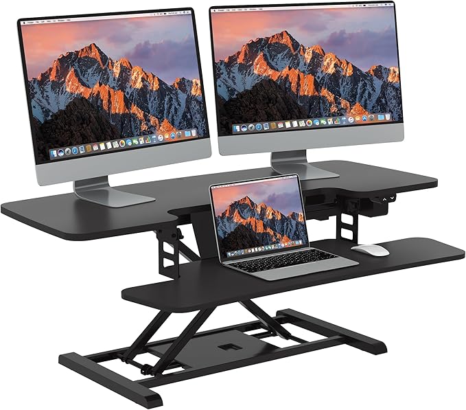 SANODESK 42" Electric Standing Desk Converter, Height Adjustable Riser for Office Home,Dual Monitor and Laptop Workstation with Large Keyboard Tray,Black Color