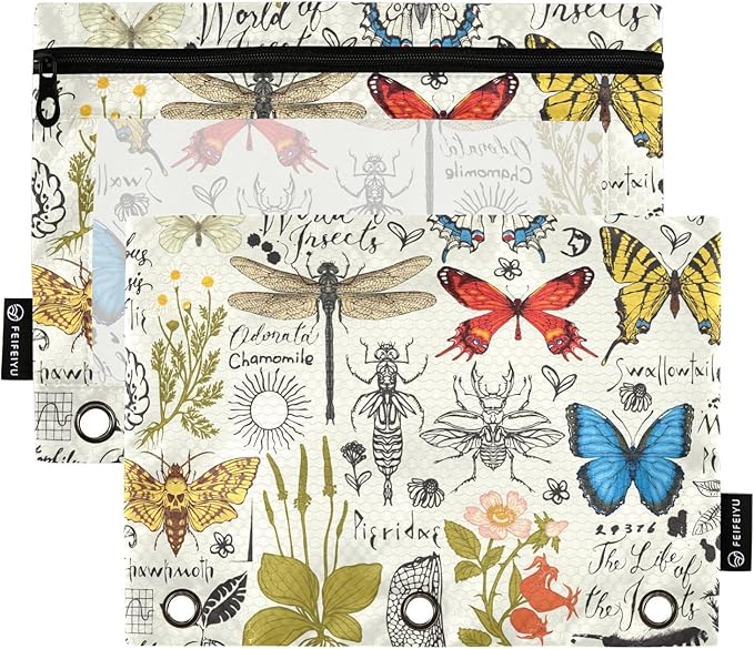 ZAZYXTJ Butterfly Moth Dragonfly Binder Pencil Pouchs 3 Ring with Zipper Clear Window Office Organizers bag for School Students Teacher Supplies 2 Pack