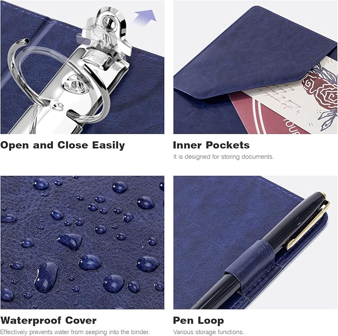 Ospelelf 2 Inch Mini Binder 3 Ring, Vintage Leather Clipboard Binders Dividers with Tabs 5.5" x 8.5", Professional Binder Organizer, Navyblue