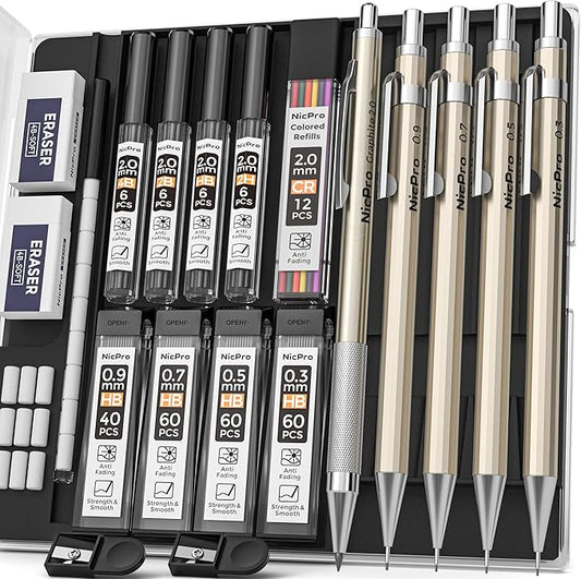 Nicpro 5 PCS Art Mechanical Pencils Set, Metal Drafting Pencil 0.3 & 0.5 & 0.7 & 0.9 & 2mm Graphite Lead Holder(4B 2B HB 2H Colored) for Sketching Drawing With Lead Refills Eraser Case