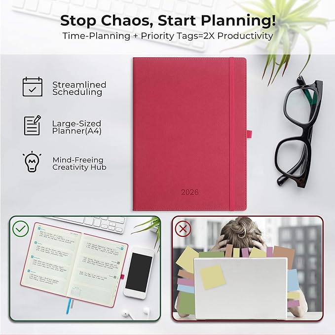Weekly Monthly 2026 Planner (Jan.26-Dec.26),11.5"x8.5",12 Months Agenda Plan with Month Tabs & Pocket,Expenses/Note Pages, Appointment Book Calendar with Vegan Leather Cover,Rose Red