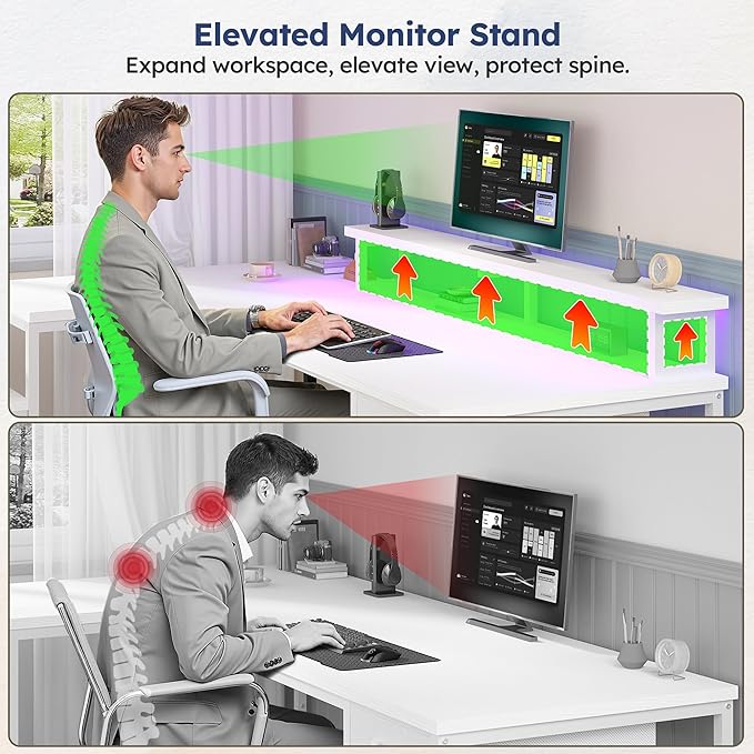 L Shaped Computer Desk with Drawers, Gaming Desk with LED Lights & Monitor Shelf, Office Desks with Power Outlets, Corner Desks for Home Office, Study Room and Bedroom, White
