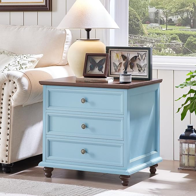 24" Wide Farmhouse Night Stand Set of 2,Large End Table with 3 Drawers & Metal Handle,Light Blue Wood Dresser for Bedroom Cabinet, Bed Side Table Chest of Drawers ,Nightstand for Living Room,Closet