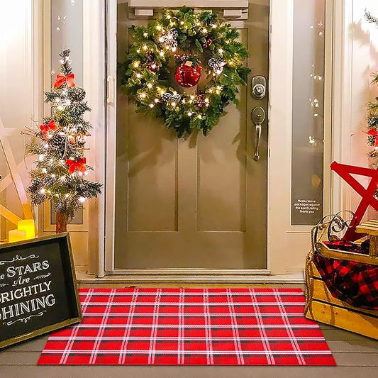Christmas Red Green White Plaid Rug, 28" x 43" Cotton Hand-Woven Buffalo Check Layered Door Mat for Front Porch, Entryway, Outdoor Holiday Decor, Washable Farmhouse Rug for Home, Patio, Kitchen