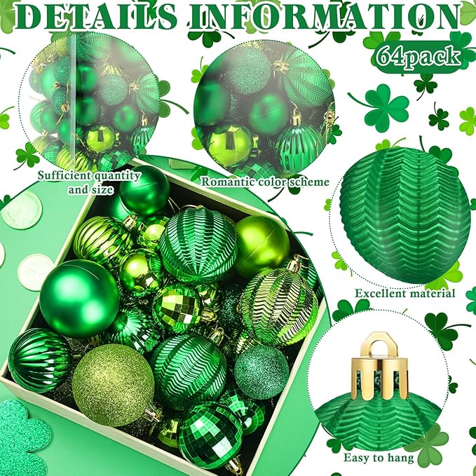 64 Pcs St. Patrick's Day Ball Ornaments Glitter Matt Lime Green Assorted Plastic Irish St. Patrick's Day Decoration for Xmas Tree & Party Supplies