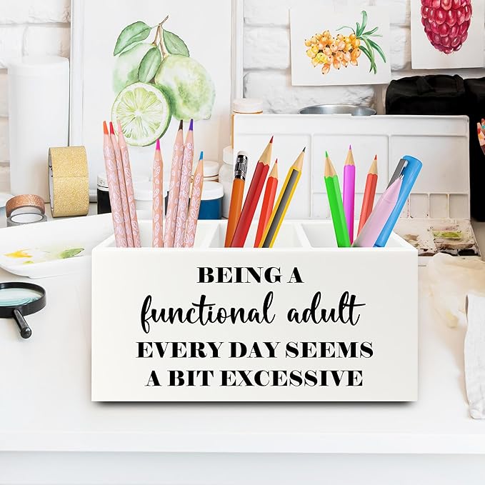 Funny Pen Pencil Holder Organizer for Desk, Sarcastic Gifts for Women Men Coworkers, Adult Humor Gifts, Being a Functional Adult Funny Wooden Box Sign for Home Office Desk Tabletop Decorations