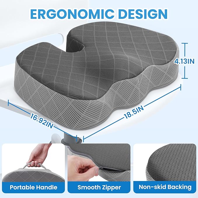 TushGuard Office/Car Seat Cushion, Non-Slip Sciatica & Back Coccyx Tailbone Pain Relief Chair Pad, Memory Foam Butt Pillow for Computer Desk, Wheelchair, Driving (Black&Grey, XX-Large)