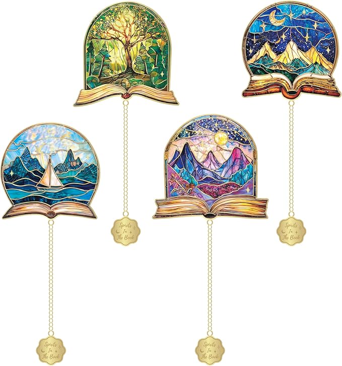 4pcs Metal Bookmarks with Chain, Inspirational Book Marks Set Featuring Books, Mountains, Stars, Forest & River - Perfect Book Markers Gift for Book Lovers, Readers, Kids, Teens, Men, Women, Adults