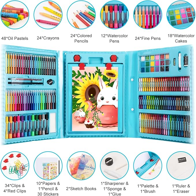 VigorFun Art Supplies, 240-Piece Drawing Art Kit, Gifts Art Set Case with Double Sided Trifold Easel, Includes Oil Pastels, Crayons, Colored Pencils, Watercolor Cakes, Sketch Pad (Blue)