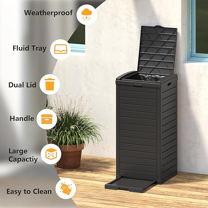 Outdoor Trash Can, 31 Gallon Garbage Can with Tiered Lid and Drip Tray, Waterproof Resin Patio Waste Bin for Garden, Backyard, Deck