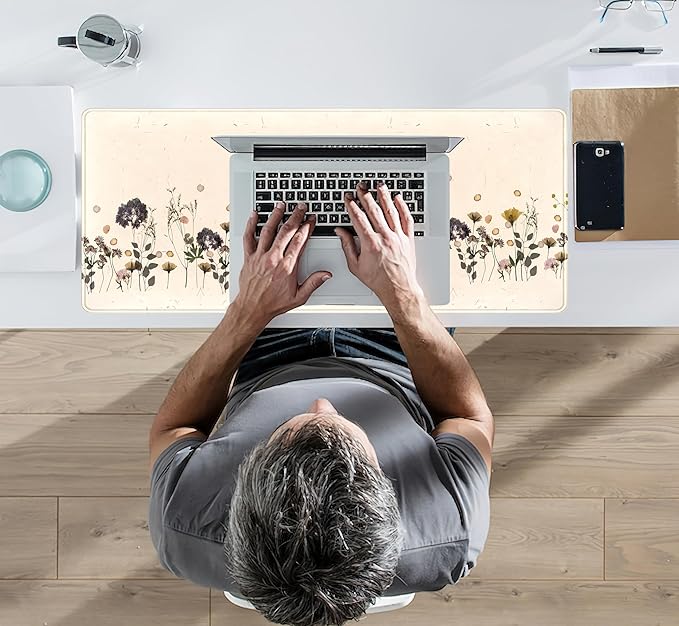 Wildflowers Desk Pad Beige Yellow Gaming Desk Mat, Large Keyboard Mouse Pad XL, Extended Full Laptop Mouse Mat, Office & Home Decor for Women, Desktop Aesthetic Accessories 31.5" x 11.8"