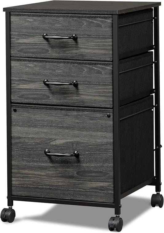 DEVAISE Mobile File Cabinet, Rolling Printer Stand with 3 Drawers, Fabric Vertical Filing Cabinet fits A4 or Letter Size for Home Office, Charcoal Black Wood Grain Print