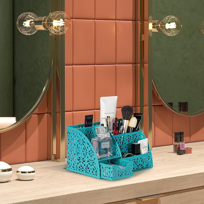 EasyPAG Pen Holder Desk Organizer with Drawer Pencil Cup for Desk 6 Compartments Metal Office Caddy Storage with Sticky Notes Holder for School Home Office, Dark Teal