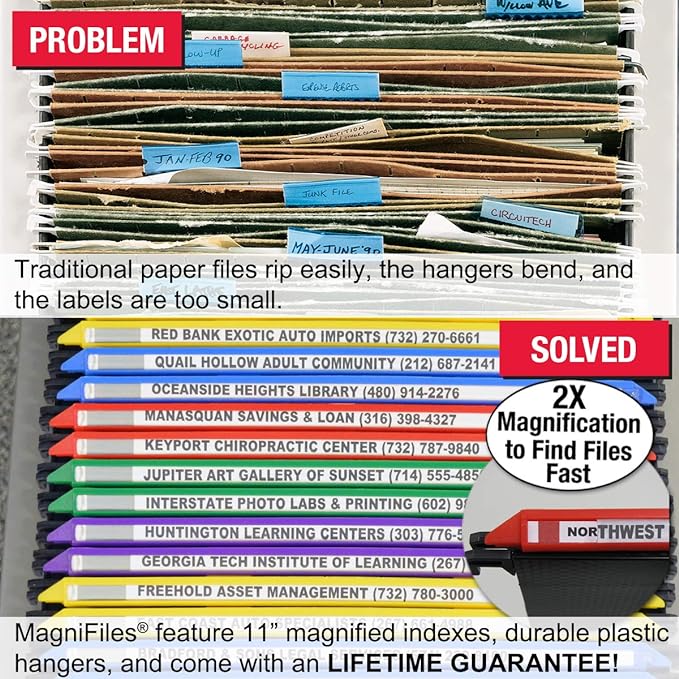 Ultimate Office MagniFile Hanging File Folders V Base Letter Size with 11 inch Magnified Indexes That Double The Size of Your File Titles to Find Files Fast. (Set of 10 Assorted)