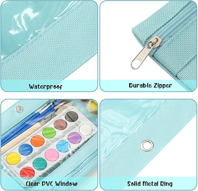 Marspark 30 Packs Pencil Pouch 3 Ring Binder Pen Pouch Cloth Pencil Pouches Zipper Pen Case Bag with Clear Window for School Office Writing Supplies Gifts(Sky Blue)
