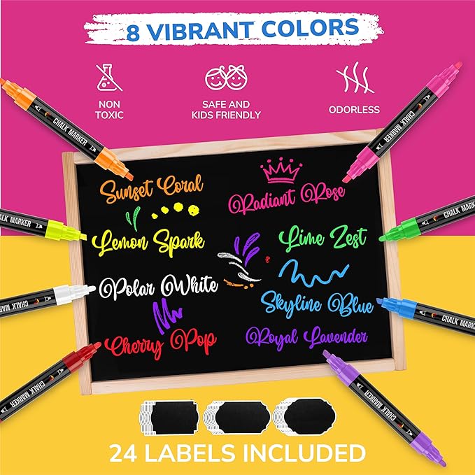 Zenacolor Liquid Chalk Markers - Dual Tips, 8 Vibrant Colors, Non-Toxic, Quick-Drying, Erasable for Blackboard, Windows, Glass, Cars - 24 Labels Included