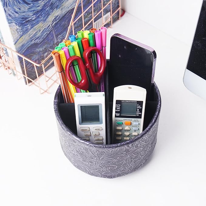 lizimandu Round Leather Art Supply Organizer,Remote Control Holder,360 Degree Spinning,Multi-Functional Pencil Holder,4 Compartments Desktop Stationary Organizer(1-Carved Metal Purple)