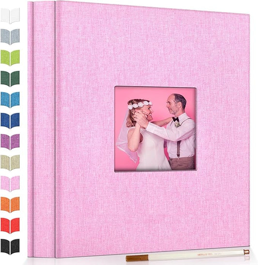 Photo Album Self Adhesive Scrapbook Album for 3x5 4x6 5x7 8x10 Pictures,120 Pages Linen Cover with Display Window DIY Photo Book,Ideal Gifts for Family Travel Wedding Baby
