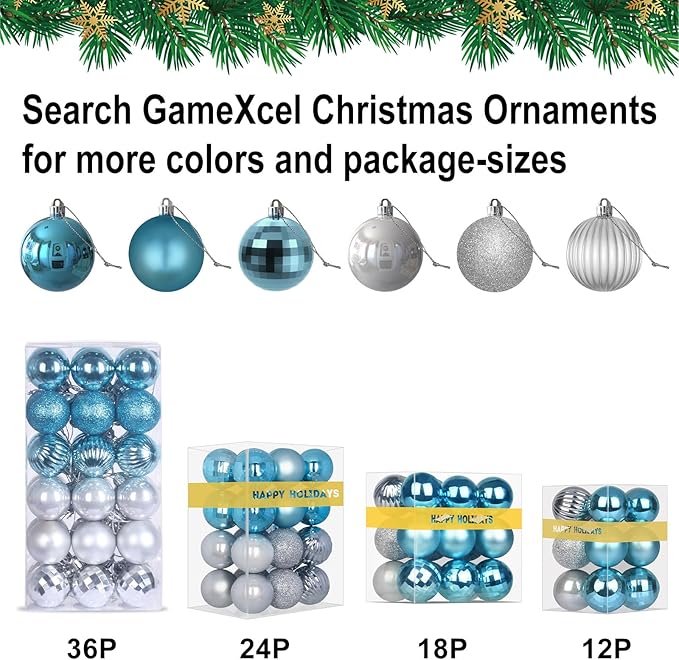 Baby Blue & Silver 1.6" Small Christmas Balls Christmas Tree Decoration Ornaments Shatterproof Hanging Balls for Birthday Halloween Holiday Wedding Decorations Set of 24pcs