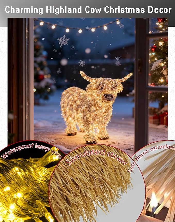 Highland Cow Christmas Decor - Cute LED Light-Up Outdoor Decorations for The Holiday Season, Highland Cow Lighted Yard Art for Front Garden, Porch, Farmhouse, Lawn (1Pcs)