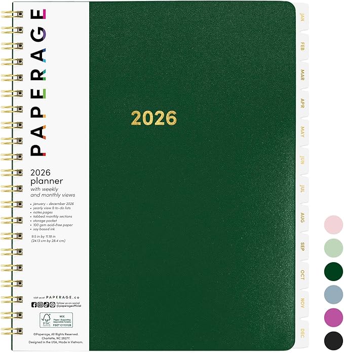 PAPERAGE 2026 Weekly & Monthly Planner, 12 Months (January 2026 - December 2026), 9.2 in x 11.2 in, Spiral Bound 2026 Planner with Weekly, Monthly & Yearly Views, Note Pages & Inner Pocket – Dark Green