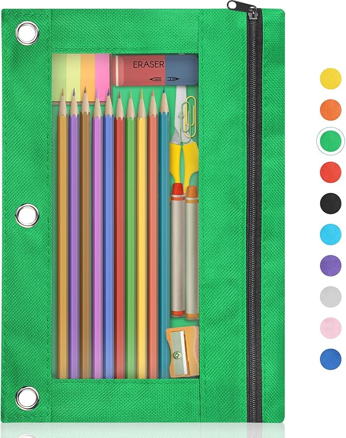 Shemira Pencil Pouch for 3 Ring Binder, Binder Pencil Pouch with Smooth Zipper, Clear Window Pencil Case for Binder, Zipper Pencil Pouches, Big Capacity 3 Ring Binder Pencil Bag, Green