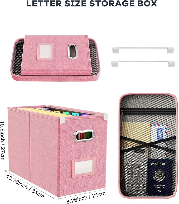 Oterri File Organizer Box with Lid, Hanging Filing File Box with Mesh Pocket, Document Organizer Box for Letter Files, Portable Storage Box with Smooth Sliding Rail for Office&Home (1 PCS, Pink)