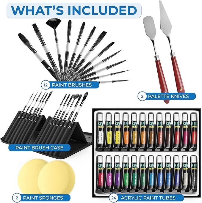 KEFF Creations Acrylic Paint Brush Set, 15 Premium Artist Brushes Kit, 24 Acrylic Paint Set, Paintbrush kit for Canvas, Wood, Fabric, Great Paint Supplies Set for Adults and Kids