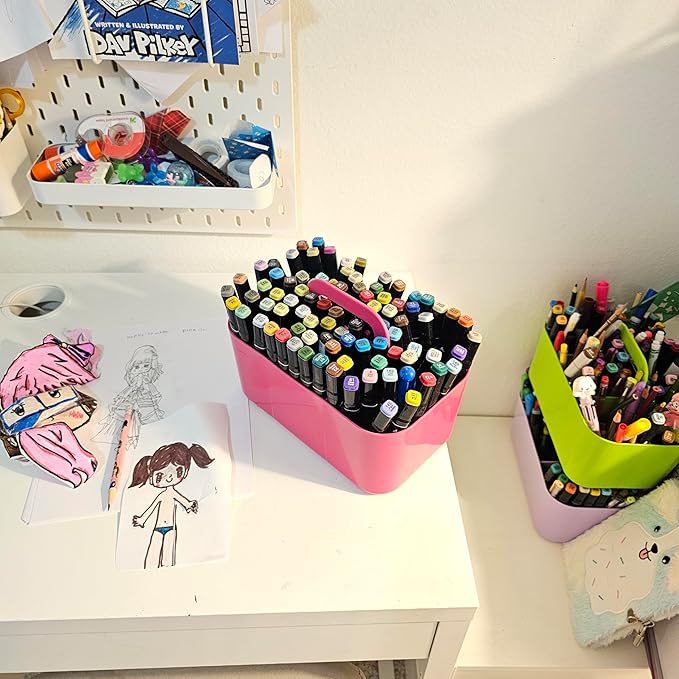 2 Pack Small 6 Compartment Multiuse Caddy Organizer with Handle Art Craft Supplies, Office, Desk, Stationery Pen Holder Stackable- Made In USA (Hot PInk)