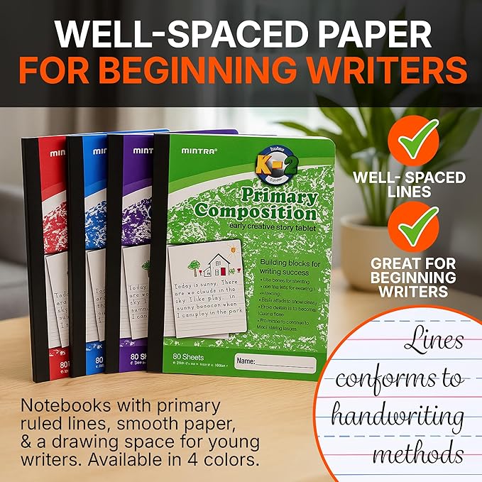 Mintra Primary Composition Notebook, 4 Pack, Assorted Colors 80 Sheets, 7.5in x 9.75in, 1/2 Sheet, Ruled with Drawing Area, Flexible Hardcover Journal, Grades K-2, School & Home Use