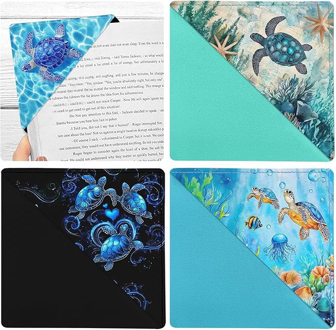 Sea Turtle Corner Bookmarks 4 Pcs, Funny Leather Book Accessories for Book Lovers, Cute Reading Book Page Markers for Women Men Girls Boys Kids Student Teacher Retirement Birthday Gifts