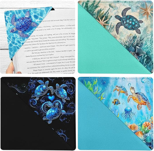Sea Turtle Corner Bookmarks 4 Pcs, Funny Leather Book Accessories for Book Lovers, Cute Reading Book Page Markers for Women Men Girls Boys Kids Student Teacher Retirement Birthday Gifts