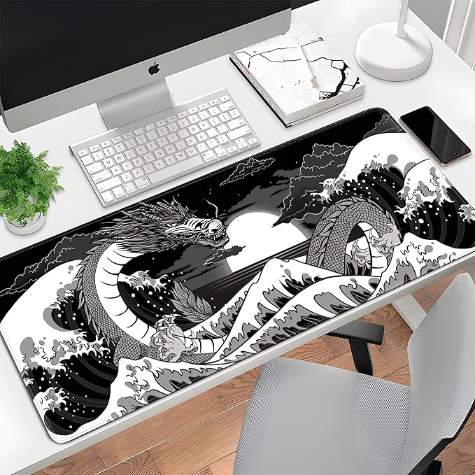 Wave Sea Dragon Gaming Mouse Pad Large Desk Mat Extended Black Keyboard Mouse Pad Gaming Mousepad with Non-Slip Base Stitched Edge Anime Mouse Mat Desk Pad 31.5 X 11.8 Mouse Pads for Desk Home Office