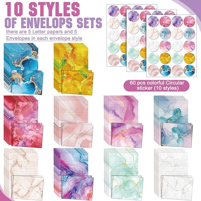 TaoBary 160 Pcs Stationery Paper Set 50 Double Sided Stationery Papers with 50 Matching Envelopes and 60 Round Dot Sticker, 10 Design(Marble,5.5 x 8.25 Inch)