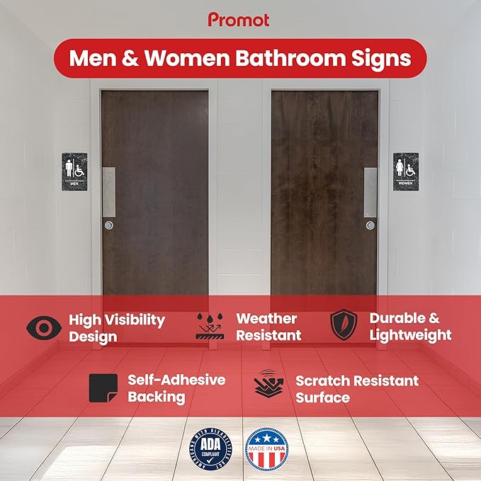 Promot Men and Women Handicap Restroom Sign – ADA Braille Bathroom Sign for Business, Self-Adhesive, 9" x 6", Commercial Door Signage, Office Wall Decor - Marble Charcoal