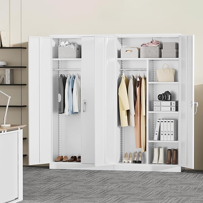 Greenvelly Metal Storage Cabinet with 2 Doors, White 72” Steel Storage Wardrobe Cabinet, Employees Locker Closet Clothing Coat Steel Wardrobe Cabinet with Hanging Rod for Garage, Gym, Home Office
