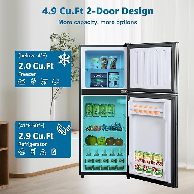 Mini Fridge with Freezer 4.9 Cu. Ft 2 Door Refrigerator, Dorm Fridge with 7 Adjustable Thermostat & Shelves, Compact Mini Refrigerator Freezer for RV, Kitchen, Office, Black