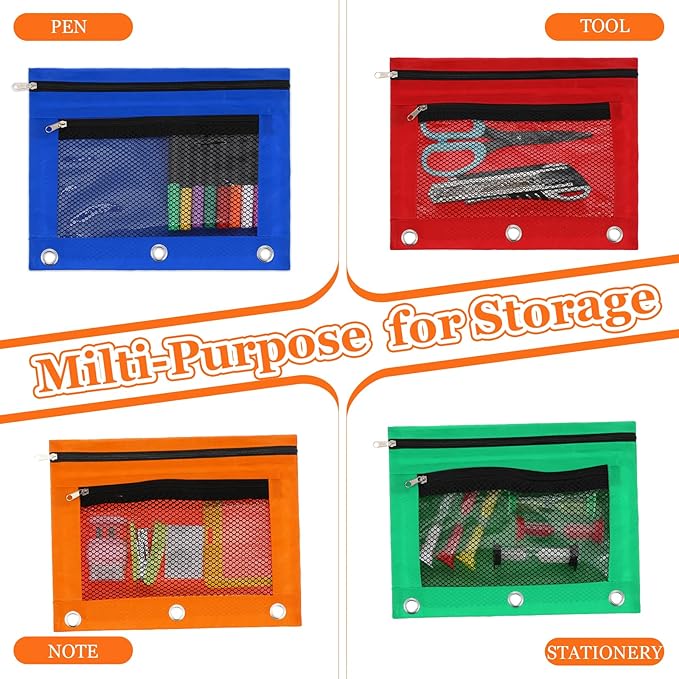 20 Pieces 3 Ring Pencil Pouch Bag Bulk Zipper Pouches for 3 Ring Binder with Clear Window for Pencil Cases Office Supplies(5 Color)