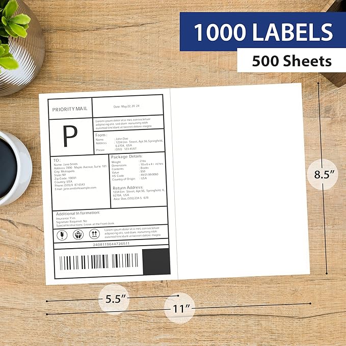 500 Sheet (1000 Labels) | 8.5" x 11" 2 UP Half Sheet Self Adhesive Shipping Labels for Laser & Inkjet Printers | Ecommerce, Address, Mailing, Labeling, Packaging