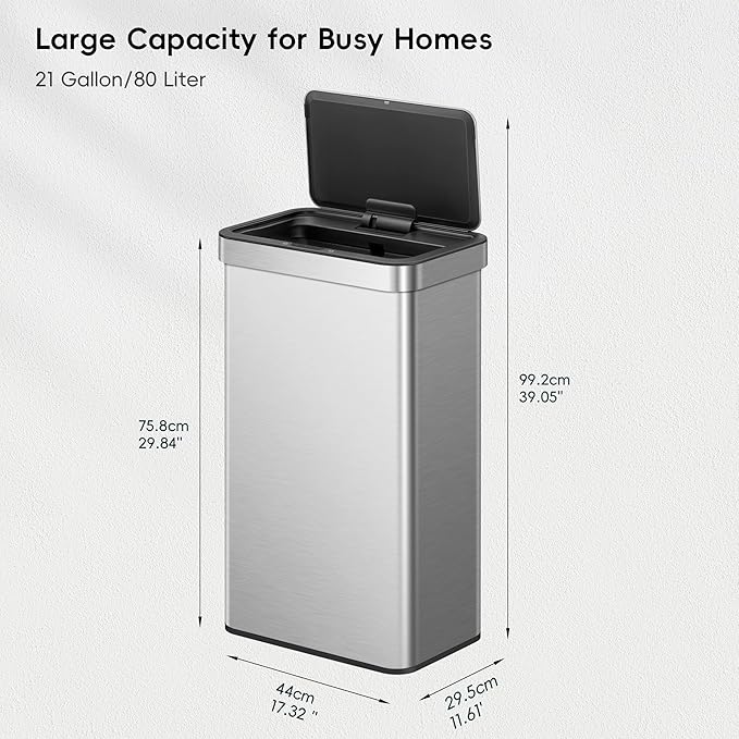 EKO Nova Sensor Trash Can, 21 Gallon/80 Liter Stainless Steel Rectangular Touchless Motion Sensor Trash Can, Matte Metallic