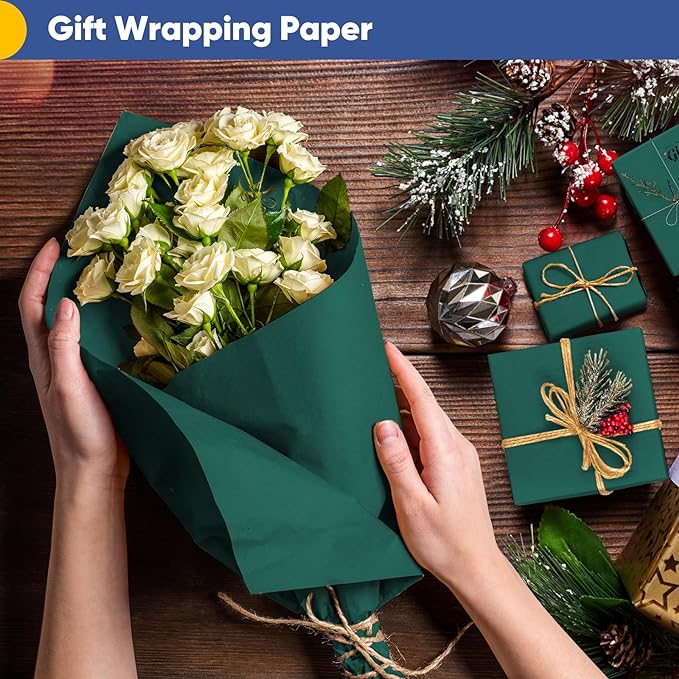 Vanhench Green Wrapping Paper Roll 17.5"×963" (80 1/4FT), Solid Color Art Green Kraft Craft Paper Roll, Christmas Wrapping Paper, Birthday Bouquet Flower Crafts, Dark Green Bulletin Board Paper