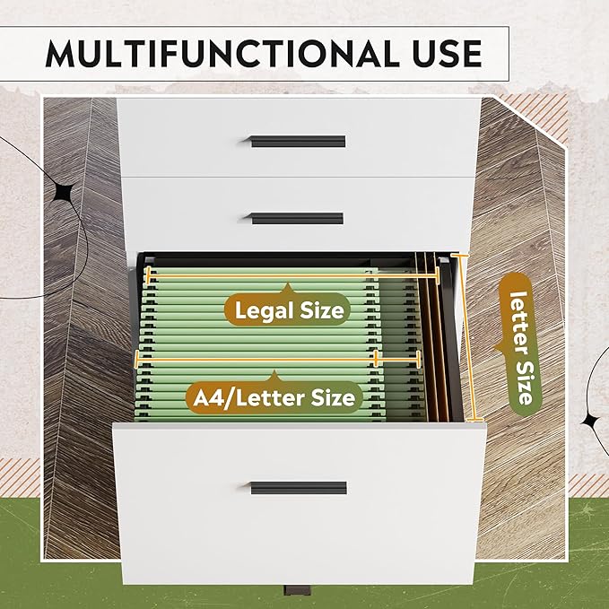 DEVAISE 3 Drawer File Cabinet for Home Office, Wood Under Desk Filing Cabinet, Rolling Printer Stand with Wheels, White