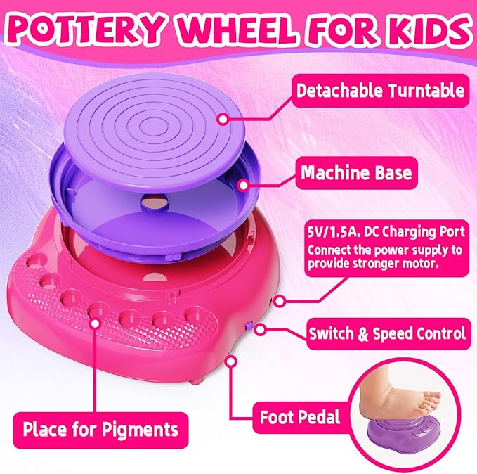 Vinkp Pottery Wheel for Kids - Complete Pottery Painting Kit Arts and Crafts for Kids Ages 8-12 with Air Clay Art Supplies for Girls Boys Toys Birthday Christmas Gifts for 6 7 8 9 10 11 12 - Pink