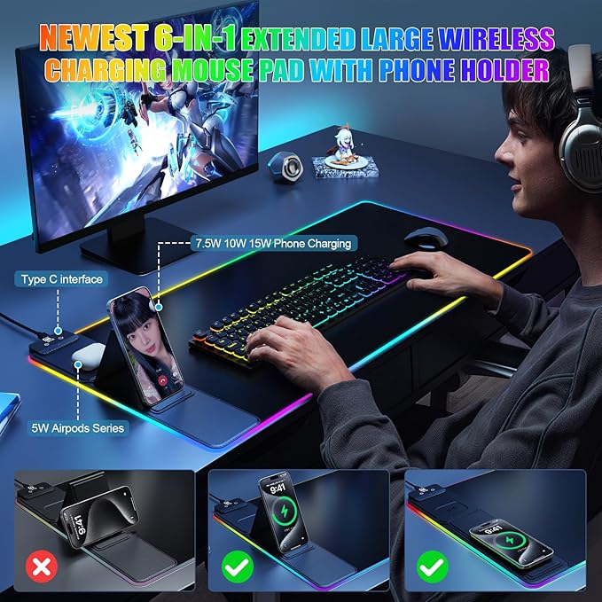 Mouse Pad with Phone Holder, Wireless Charging Desk Mat, RGB Gaming Mousepad Home Office Large Desk Pad with Ultra-Smooth Surface, Non-Slip Base, Waterproof Keyboard Pad,Black with 20W USB C Charger