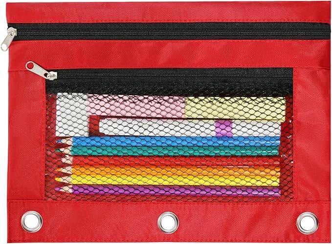 3 Ring Binder Pencil Pouch - School Pencil Case with 2 Zippered Pockets, Clear Mesh Window Pencil Bag, B5 Size, Back to School Gifts (Red)
