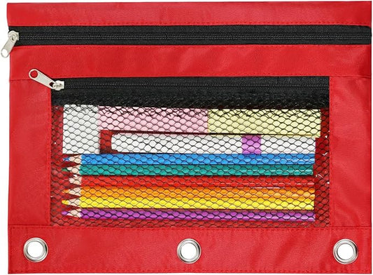 3 Ring Binder Pencil Pouch - School Pencil Case with 2 Zippered Pockets, Clear Mesh Window Pencil Bag, B5 Size, Back to School Gifts (Red)
