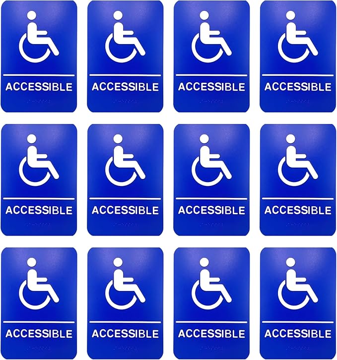 ADA Handicap Accessible Compliant Sign with Braille Sign w/Adhesive Back - Durable and Wipe Clean Plastic - 9"X6" - Blue and White - Business Restaurant Signage - 12 PK