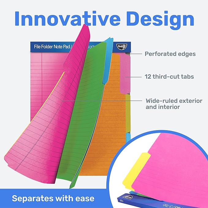 Find It File Folder Notepad - Pack of 12-9.5 x 12.5 Inch Notebook Organizer Folders for Filing, Document, and Clipboard Organization - Assorted Neon Colors